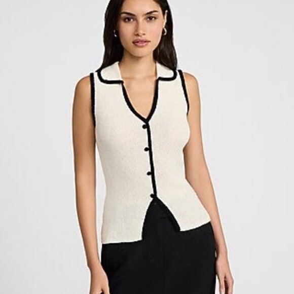 Express Tipped Collared V-Neck Sweater Vest – Ivory/Black – Size M – Gently Used - Picture 3 of 3